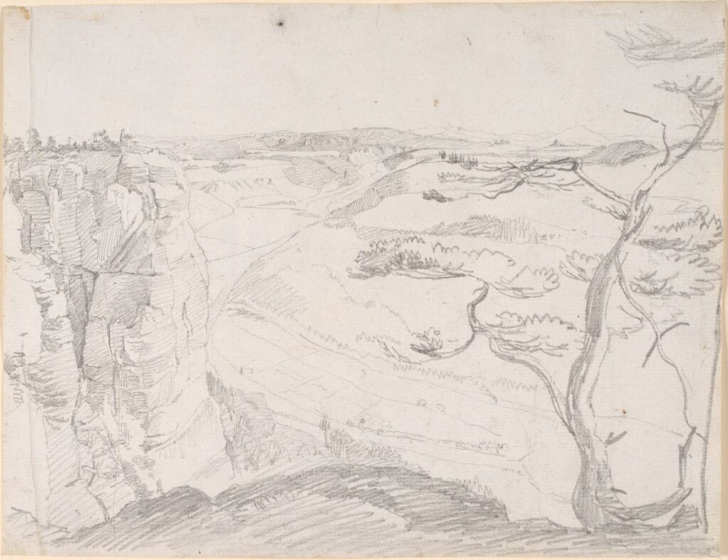 Hans Christian Dahl, Pohled z Liliensteinu do údolí Labe, 1813 (na horizontu - Růžák)