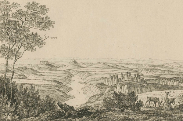 Adrian Ludwig Richter, Pohled z Grosse Winterbergu do údolí Labe;
Lilienstein se nachází na ose toku Labe v pozadí, vlevo od něj je Königstein, 1820